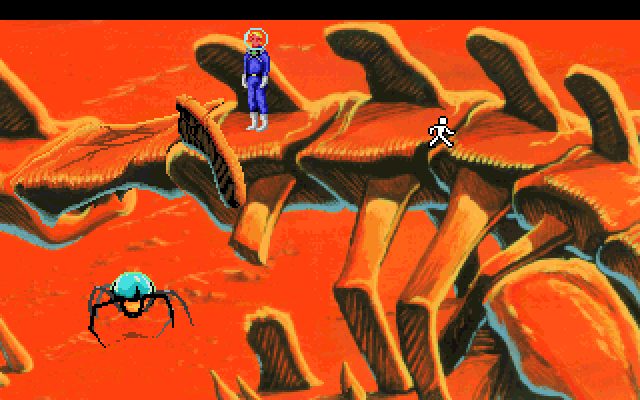 Space Quest I: Roger Wilco in the Sarien Encounter IBM PC/Compatibles Screenshot: Hmm, there is a spider droid below...