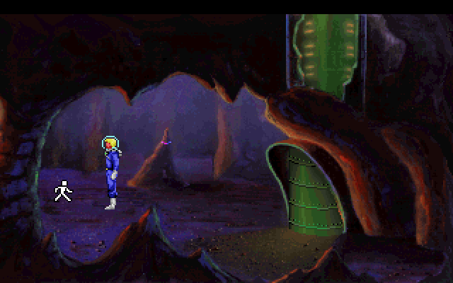 Space Quest I: Roger Wilco in the Sarien Encounter IBM PC/Compatibles Screenshot: Arrived in an underground cave.