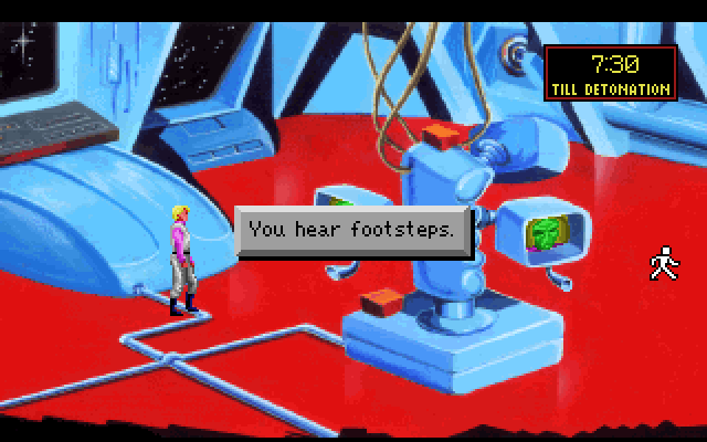 Space Quest I: Roger Wilco in the Sarien Encounter IBM PC/Compatibles Screenshot: You hear footsteps...uh oh!