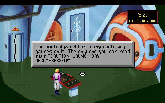 Space Quest I: Roger Wilco in the Sarien Encounter IBM PC/Compatibles Screenshot: Examining a control panel.