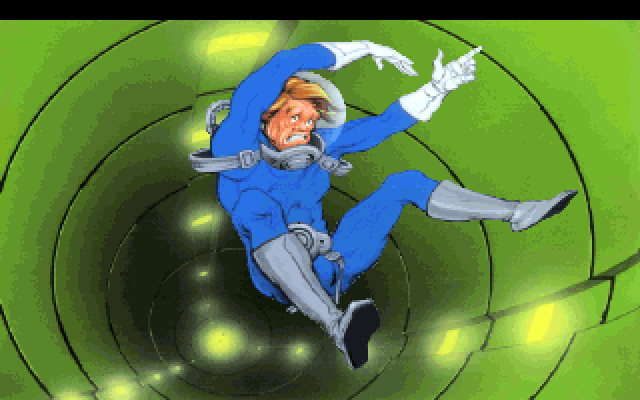 Space Quest I: Roger Wilco in the Sarien Encounter IBM PC/Compatibles Screenshot: Falling down an elevator shaft...