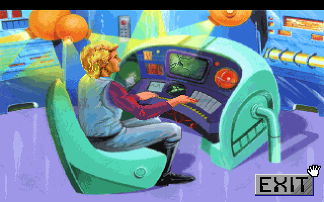 Space Quest I: Roger Wilco in the Sarien Encounter IBM PC/Compatibles Screenshot: Roger operates one of the computer systems on the ship.