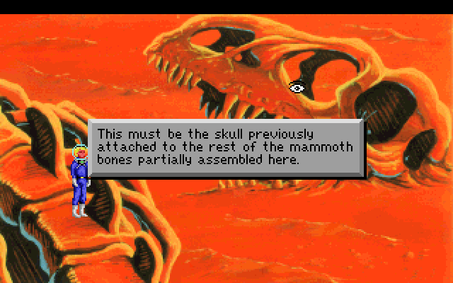 Space Quest I: Roger Wilco in the Sarien Encounter IBM PC/Compatibles Screenshot: Examining a giant skull.