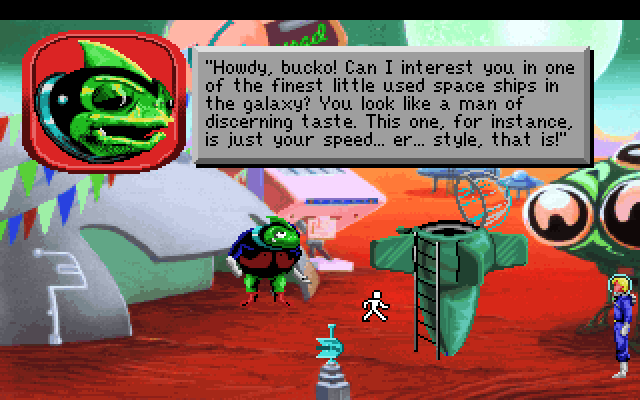 Space Quest I: Roger Wilco in the Sarien Encounter IBM PC/Compatibles Screenshot: The used spaceship salesman.