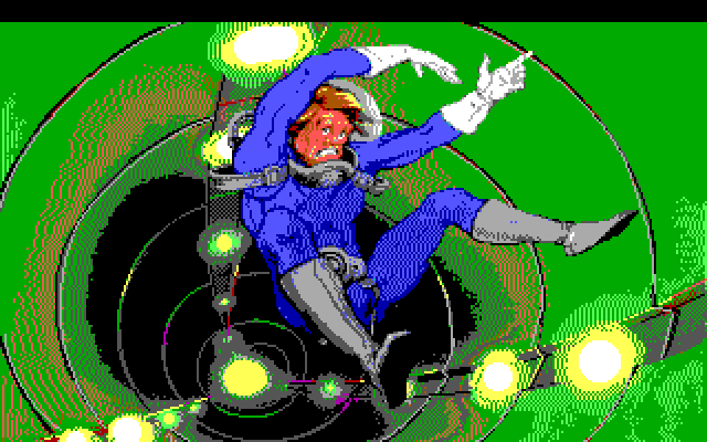 Space Quest I: Roger Wilco in the Sarien Encounter IBM PC/Compatibles Screenshot: Falling down an elevator shaft.