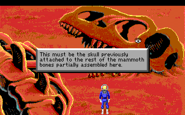 Space Quest I: Roger Wilco in the Sarien Encounter IBM PC/Compatibles Screenshot: Examining a giant skull...