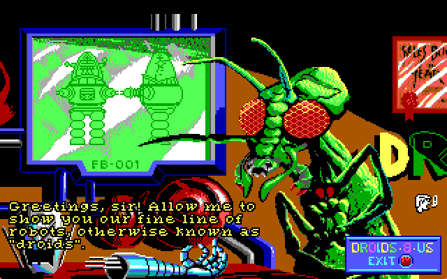 Space Quest I: Roger Wilco in the Sarien Encounter IBM PC/Compatibles Screenshot: The droid salesman.