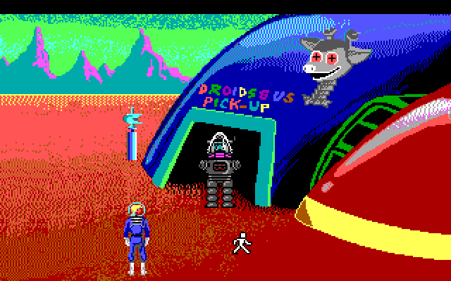 Space Quest I: Roger Wilco in the Sarien Encounter IBM PC/Compatibles Screenshot: Back of droid shop; hey, that robot looks familiar!