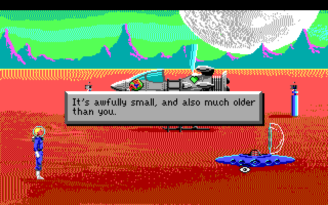 Space Quest I: Roger Wilco in the Sarien Encounter IBM PC/Compatibles Screenshot: Examining some spaceships.