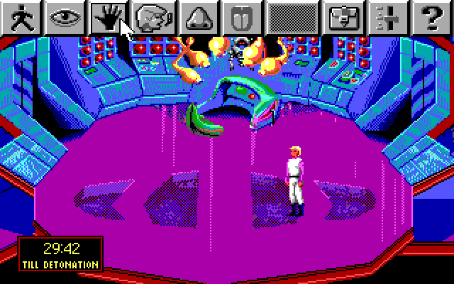Space Quest I: Roger Wilco in the Sarien Encounter IBM PC/Compatibles Screenshot: A drop down menu displays available icons.