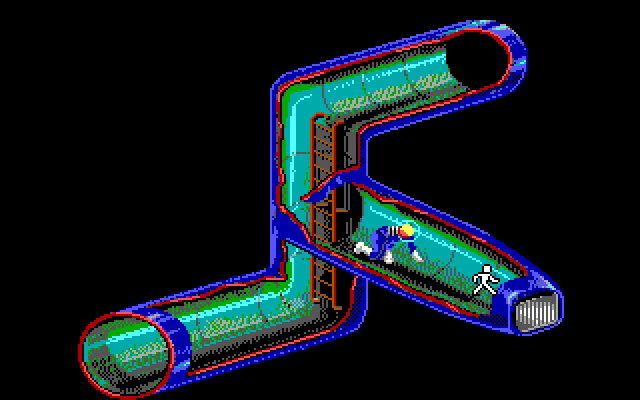 Space Quest I: Roger Wilco in the Sarien Encounter IBM PC/Compatibles Screenshot: Crawling through some tunnels.
