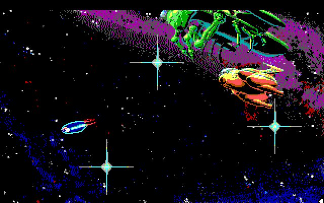 Space Quest I: Roger Wilco in the Sarien Encounter IBM PC/Compatibles Screenshot: The escape pod leaves the Arcada.