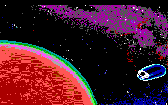 Space Quest I: Roger Wilco in the Sarien Encounter IBM PC/Compatibles Screenshot: This planet looks like a good place to land...