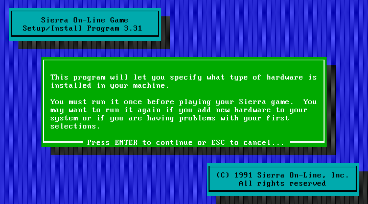 Space Quest I: Roger Wilco in the Sarien Encounter IBM PC/Compatibles Screenshot: Installation introduction.