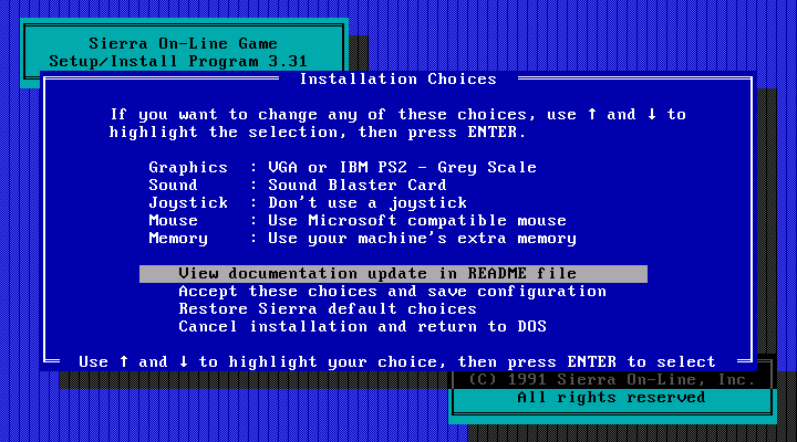 Space Quest I: Roger Wilco in the Sarien Encounter IBM PC/Compatibles Screenshot: The main installation menu.