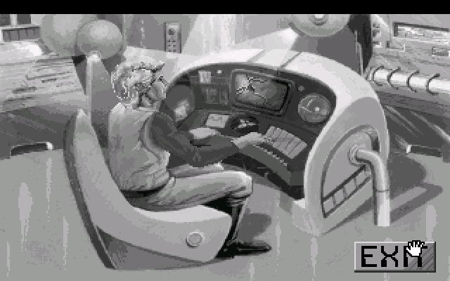 Space Quest I: Roger Wilco in the Sarien Encounter IBM PC/Compatibles Screenshot: Roger using the one of the ships computers.