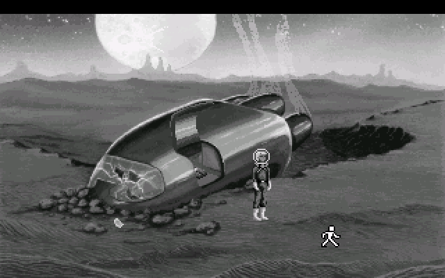 Space Quest I: Roger Wilco in the Sarien Encounter IBM PC/Compatibles Screenshot: Crash landed on a planet...