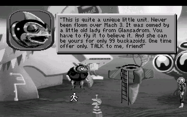 Space Quest I: Roger Wilco in the Sarien Encounter IBM PC/Compatibles Screenshot: The used spaceship salesman...
