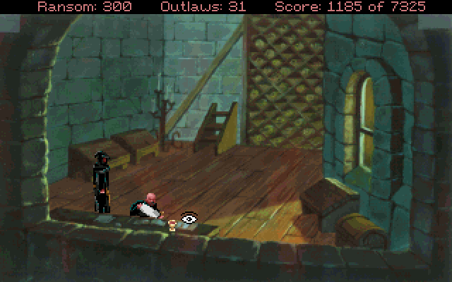 Conquests of the Longbow: The Legend of Robin Hood IBM PC/Compatibles Screenshot: Somehow I need to sneak some scrolls out of here without getting caught...