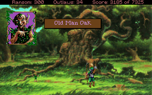 Conquests of the Longbow: The Legend of Robin Hood IBM PC/Compatibles Screenshot: Visit Old Man Oak for a challenge that earns you something useful...
