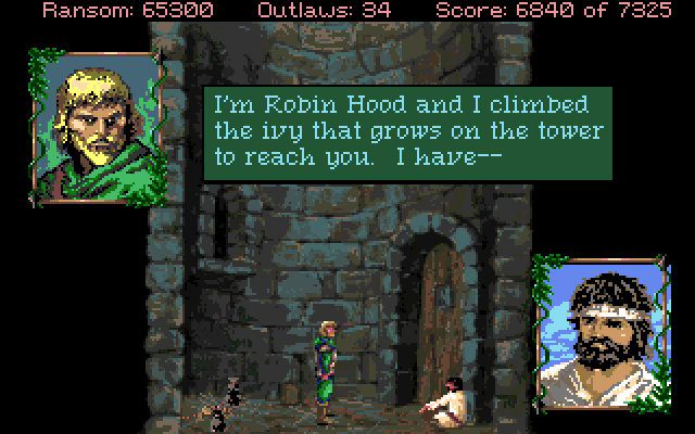 Conquests of the Longbow: The Legend of Robin Hood Amiga Screenshot: The knight doesn't trust Robin just yet...
