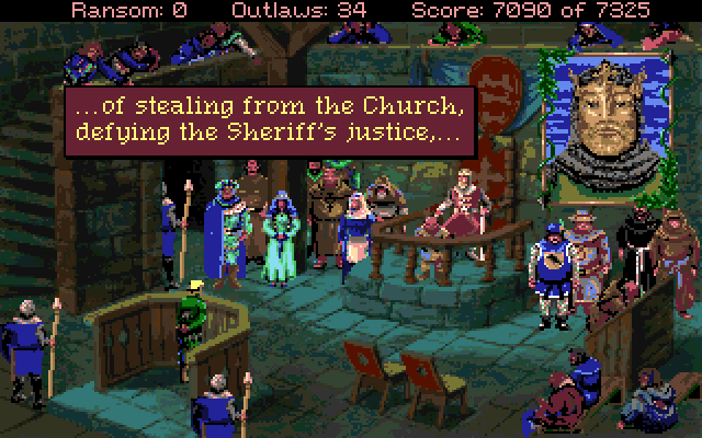 Conquests of the Longbow: The Legend of Robin Hood Amiga Screenshot: The list of charges against Robin Hood...