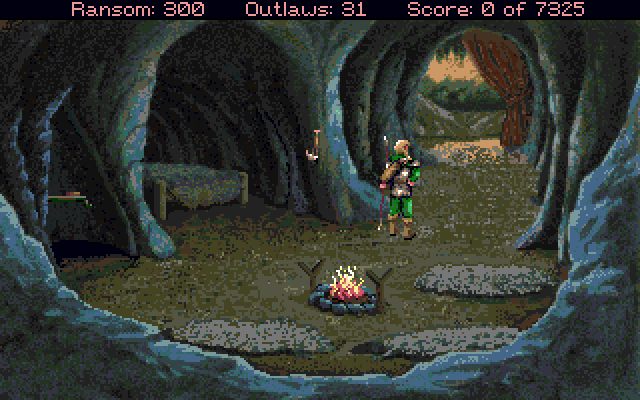 Conquests of the Longbow: The Legend of Robin Hood Amiga Screenshot: Game start; each day in the game begins in Robin's cave.