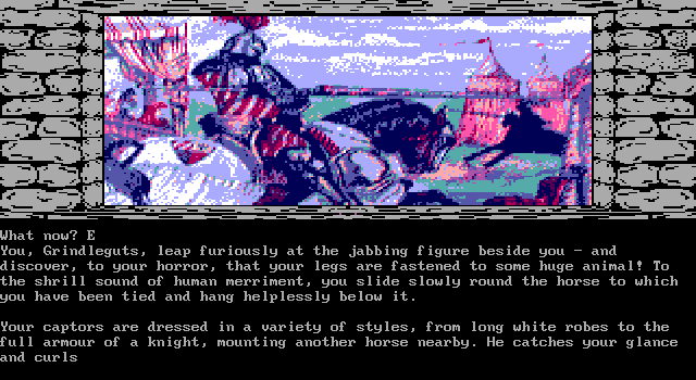 Knight Orc IBM PC/Compatibles Screenshot: Grindleguts is about to be speared by his captors!