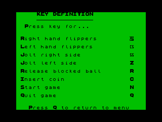 Pinball Wizard ZX Spectrum Screenshot: Key definition screen.