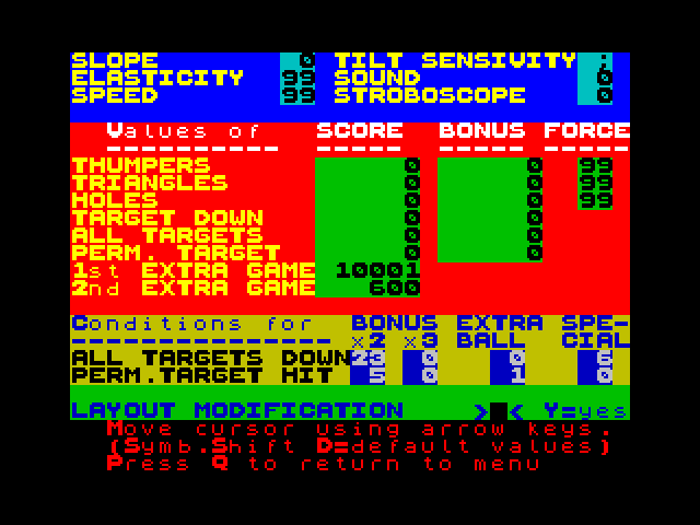 Pinball Wizard ZX Spectrum Screenshot: Table layout settings.