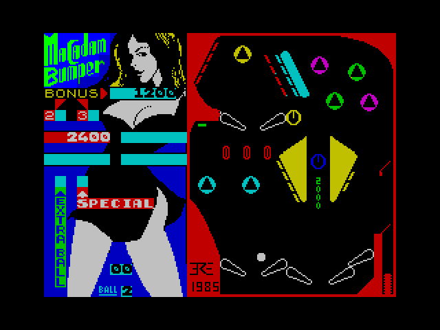 Pinball Wizard ZX Spectrum Screenshot: Don't let the ball fall down the left chute...