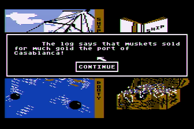Pirates of the Barbary Coast Atari 8-bit Screenshot: I check the log of the sinking ship...and maybe find some clues?