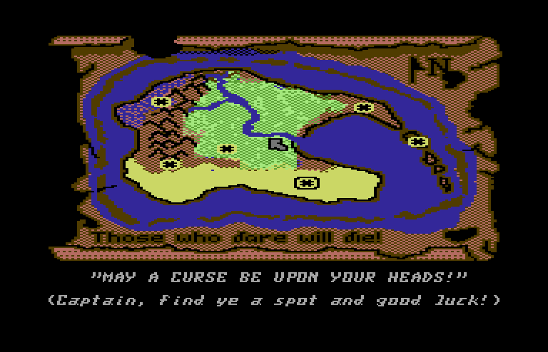 Pirates of the Barbary Coast Commodore 64 Screenshot: Find a place to dig, but choose carefully!