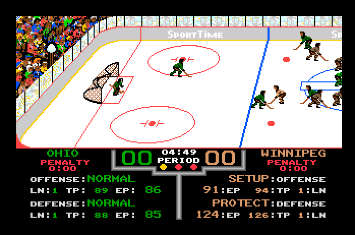 Superstar Ice Hockey Apple IIgs Screenshot: Defending the goal...