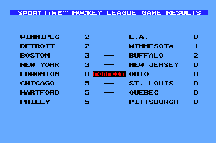 Superstar Ice Hockey Apple IIgs Screenshot: League results so far...