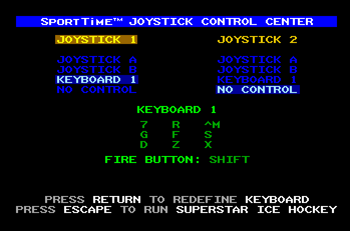Superstar Ice Hockey Apple IIgs Screenshot: Setup the game controls.