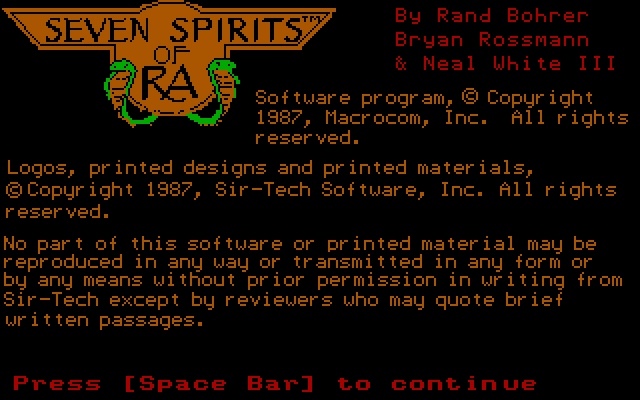 Seven Spirits of Ra, The IBM PC/Compatibles Screenshot: Copyright information.