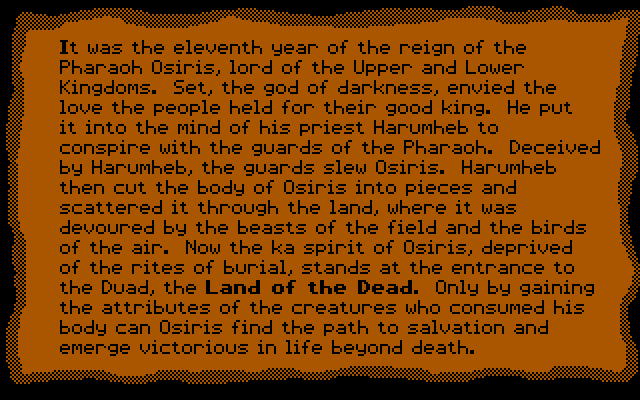 Seven Spirits of Ra, The IBM PC/Compatibles Screenshot: The story so far.