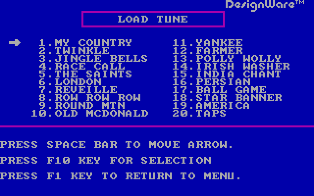 Notable Phantom, The IBM PC/Compatibles Screenshot: The songs on the master disk.