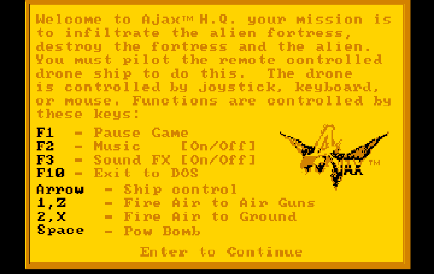 Ajax IBM PC/Compatibles Screenshot: Game controls.