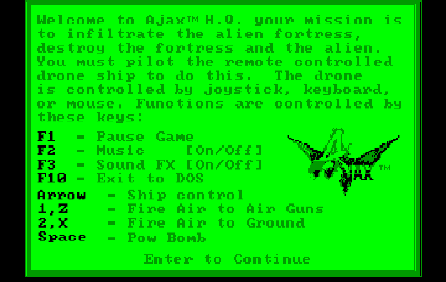 Ajax IBM PC/Compatibles Screenshot: Game controls.