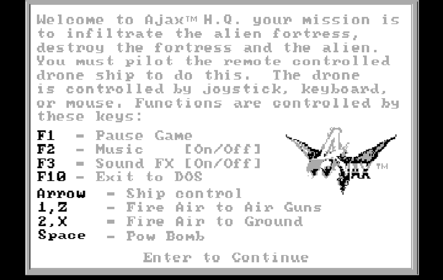 Ajax IBM PC/Compatibles Screenshot: Game controls.