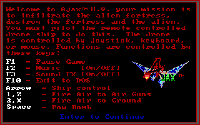 Ajax IBM PC/Compatibles Screenshot: Welcome to the game!