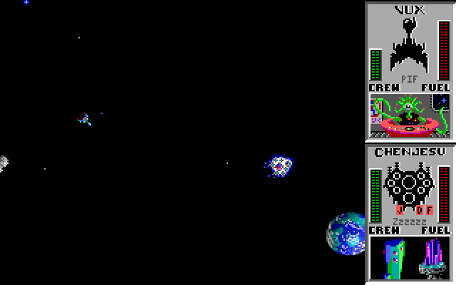 Star Control IBM PC/Compatibles Screenshot: Don't crash into planets or asteroids during battle...