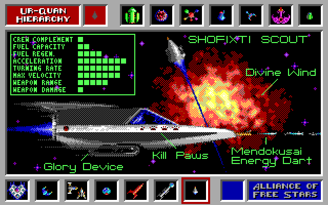Star Control IBM PC/Compatibles Screenshot: This ship isn't very powerful, but it can self destruct and take enemies with it.
