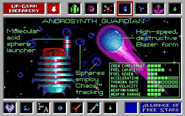 Star Control IBM PC/Compatibles Screenshot: Some ships, like the Androsynth Guardian, can transform.