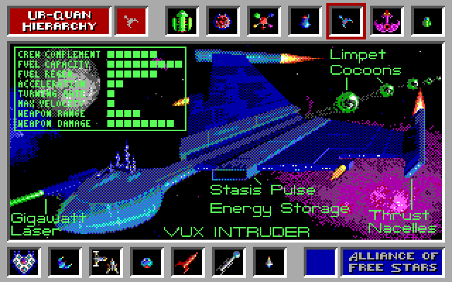 Star Control IBM PC/Compatibles Screenshot: Stats on the Vux Intruder.