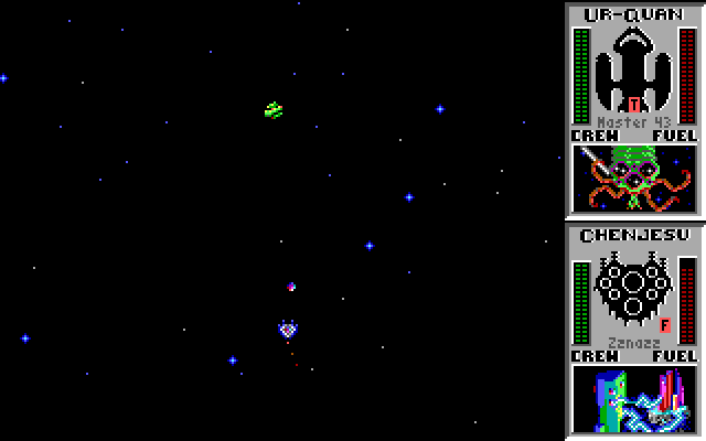 Star Control IBM PC/Compatibles Screenshot: The battle screen zooms in or out depending on how close the ships are to each other.