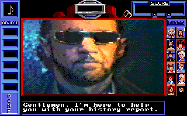 Bill & Ted's Excellent Adventure IBM PC/Compatibles Screenshot: Rufus arrives to help Bill & Ted with their History class.