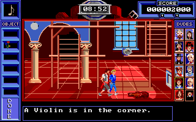 Bill & Ted's Excellent Adventure IBM PC/Compatibles Screenshot: Found a violin; and the start of an action sequence that resembles Donkey Kong.